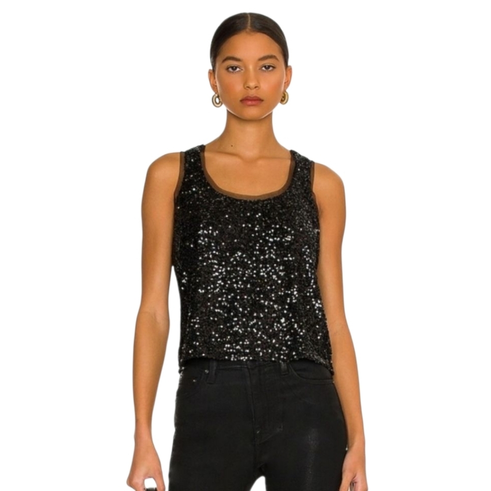 LOFT Black Sequin Scoopneck Tank Top Womens Large